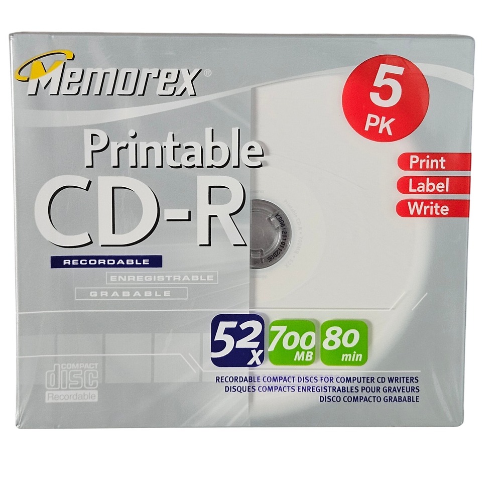 Memorex Vintage NWT Printable CD-R 5 Pack 700MB 80Min 52x White 3202 4729